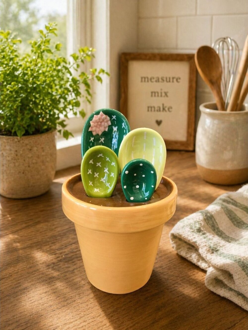 New 4Pcs Catus Succulent Measuring Spoons Set In Pot Ceramic Measuring Spoons